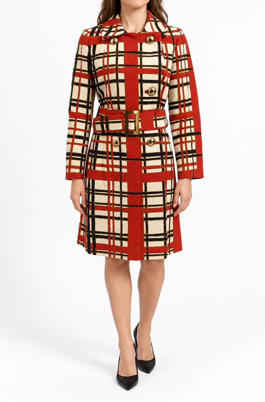 Vintage Paul R Nissen Women’s 8P Belted Coat Red Cream Plaid Gold Buttons 60-70s